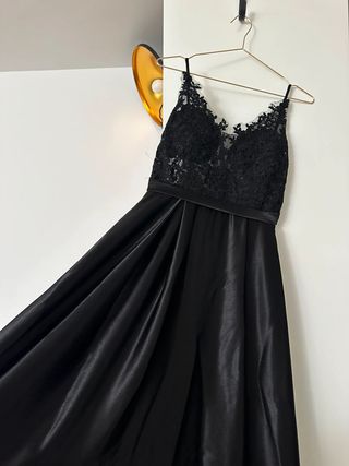 Vestido Negro Largo Fiesta Encaje Brillante