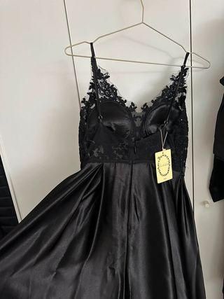 Vestido Negro Largo Fiesta Encaje Brillante