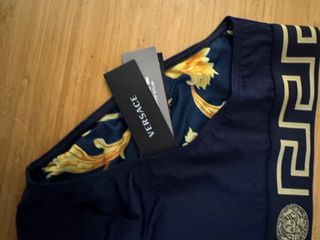 Bañador slip Versace azul y dorado