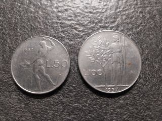 50 Lire Vulcano e 100 Lire Minerva 1957 Italia