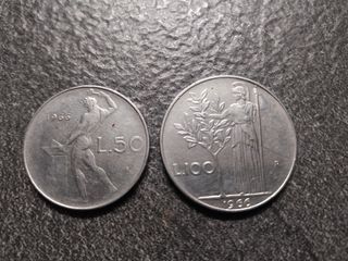 50 Lire Vulcano e 100 Lire Minerva 1966 Italia