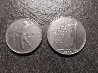 50 Lire Vulcano e 100 Lire Minerva 1967 Italia