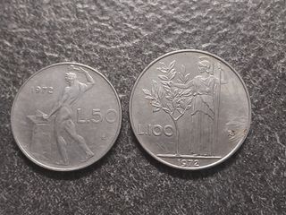 50 Lire Vulcano e 100 Lire Minerva 1972 Italia