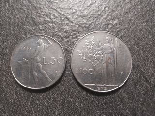 50 Lire Vulcano e 100 Lire Minerva 1973 Italia