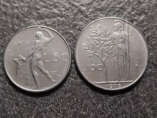 50 Lire Vulcano e 100 Lire Minerva 1976 Italia