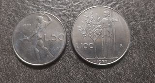 50 Lire Vulcano e 100 Lire Minerva 1977 Italia