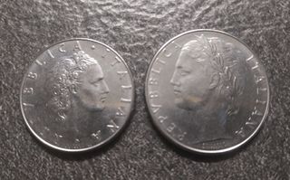 50 Lire Vulcano e 100 Lire Minerva 1977 Italia