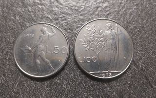 50 Lire Vulcano e 100 Lire Minerva 1978 Italia
