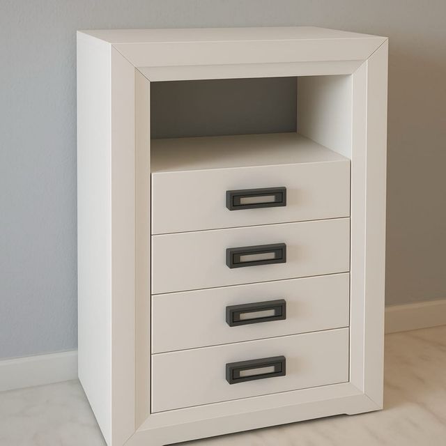 Mueble modular blanco con cajones y vitrina