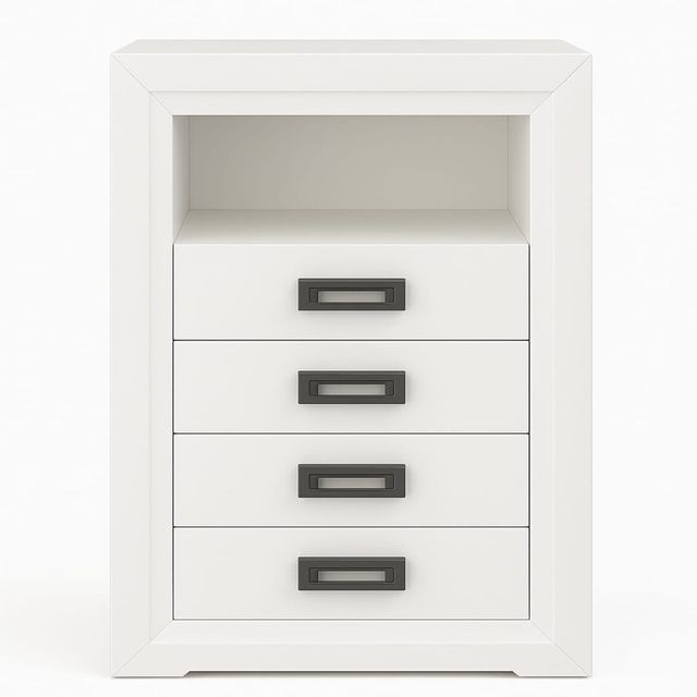 Mueble modular blanco con cajones y vitrina