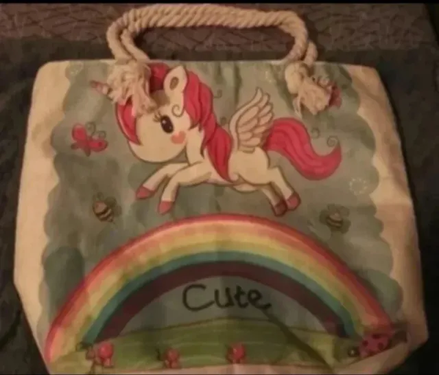 Bolsa de tela com unicórnio e arco-íris