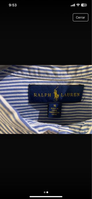 Camisa Ralph Lauren Rayas Azul y Blanca. 16 años.