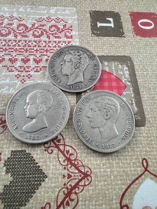 5 pesetas 1871 1877 1888 monedas  de plata