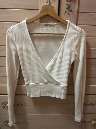 Top Stradivarius blanco manga larga S