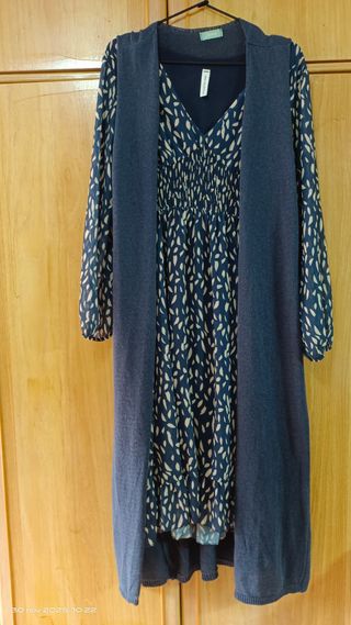 Vestido azul con hojas y chaqueta L