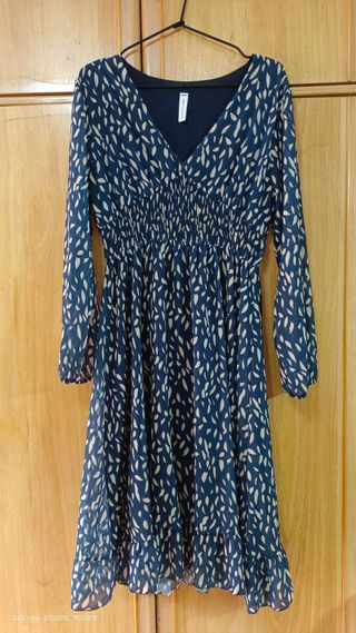 Vestido azul con hojas y chaqueta L