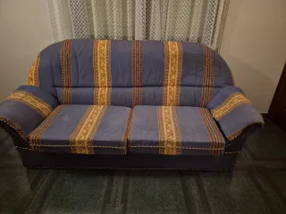Sofá 3 plazas tela azul y dorado