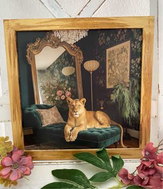 Quadro dorato invecchiato con leona su divano vintage