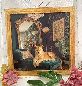 Quadro dorato invecchiato con leona su divano vintage