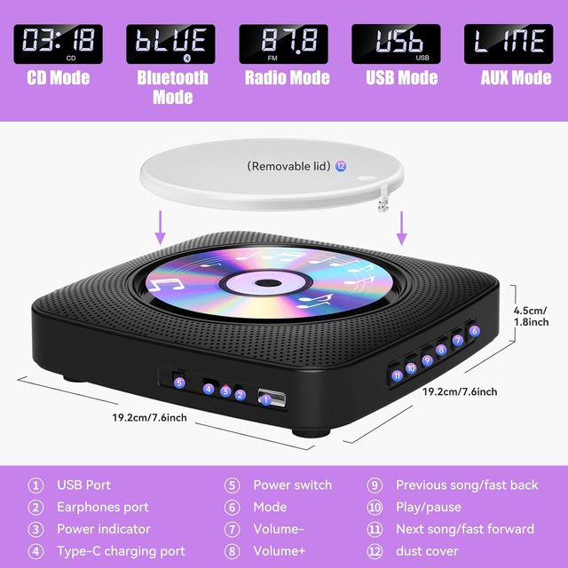 Reproductor CD Portátil Bluetooth USB AUX