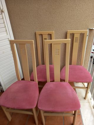Juego de 4 sillas comedor roble y terciopelo rosa