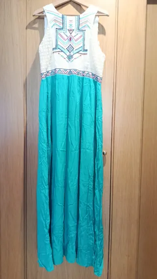 Vestido Boho Chic Turquesa y Blanco Talla XXL