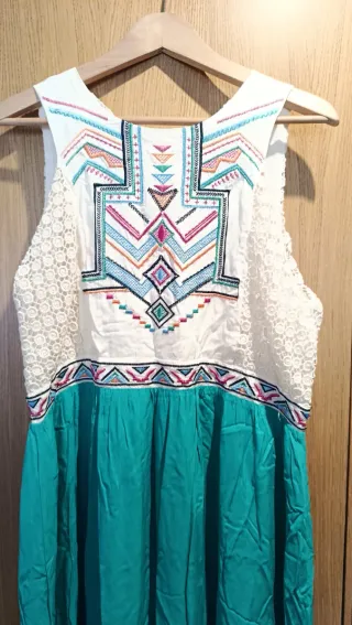 Vestido Boho Chic Turquesa y Blanco Talla XXL