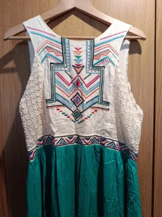 Vestido Boho Chic Turquesa y Blanco Talla XXL