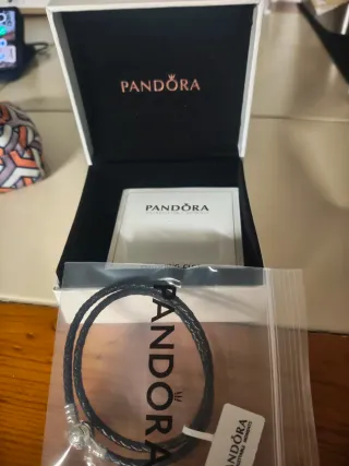 Pulsera Cuero Pandora Doble Negra Cierre Plata