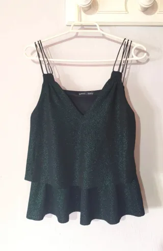 Top Zara lentejuelas verde/negro Talla XS