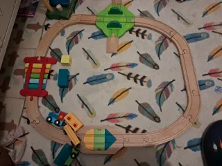 Tren de madera con vagones y bloques