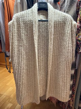 Chaqueta larga punto de mujer, beige, talla L