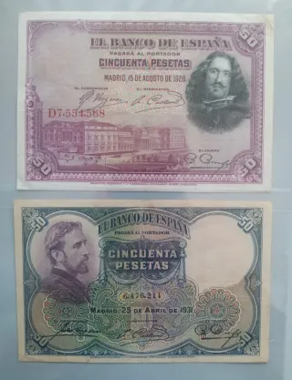 2 Billetes 50 Pesetas de España 1928 y 1931