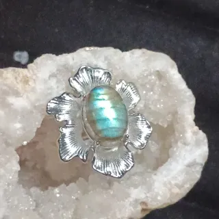 Anillo Acero Labradorita Natural Multicolor