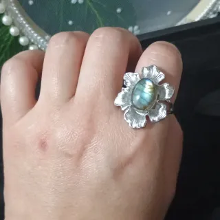 Anillo Acero Labradorita Natural Multicolor