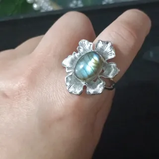 Anillo Acero Labradorita Natural Multicolor