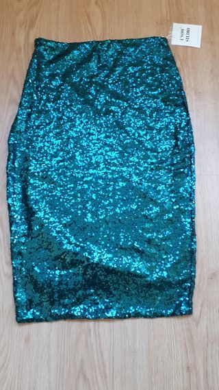 Falda lentejuelas verde T-L