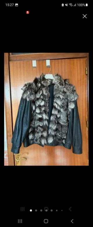 Abrigo Piel Zorro y Cuero Negro/Gris