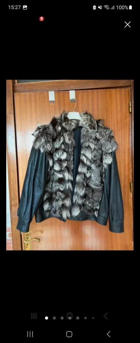 Abrigo Piel Zorro y Cuero Negro/Gris