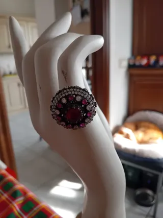 Anello Argento 925 Vintage Pietre Rosse