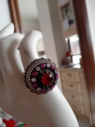 Anello Argento 925 Vintage Pietre Rosse