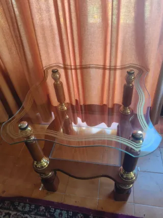 Mesa centro cristal y madera vintage