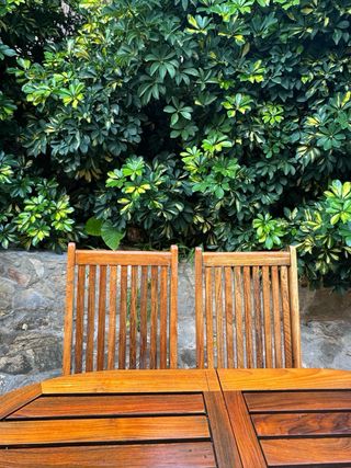 Mesa y 6 sillas de terraza de madera