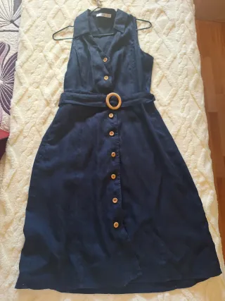 Vestido Mango Lino Azul Talla XS