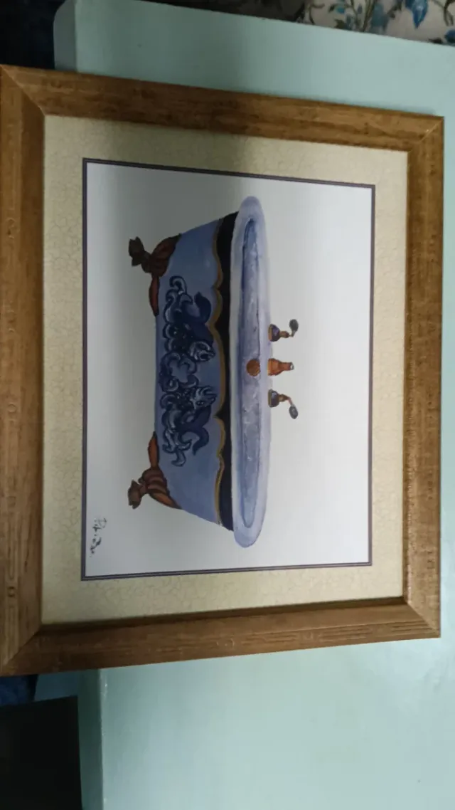 Cuadro original baño azul y dorado