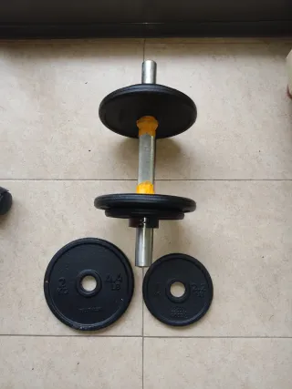 Mancuerna+6 pesas/discos (3 de 2kg y3 de 1kg)