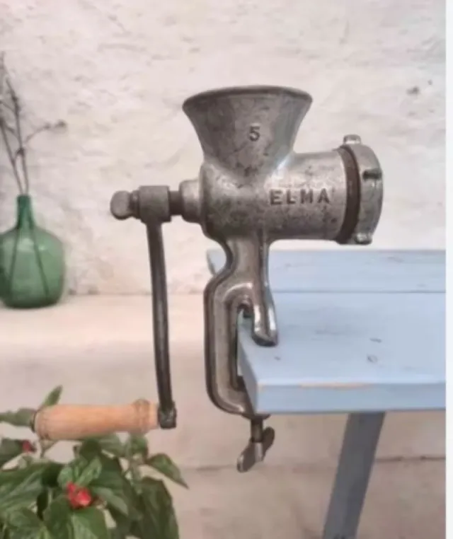 Picadora de carne antiga ELMA de ferro, Med 26x25x10