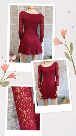 Vestido Burdeos Encaje Manga Larga