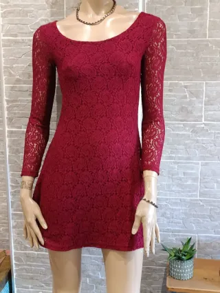 Vestido Burdeos Encaje Manga Larga