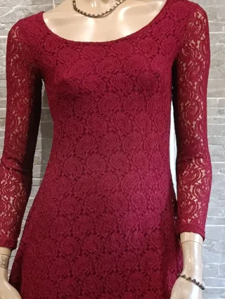 Vestido Burdeos Encaje Manga Larga